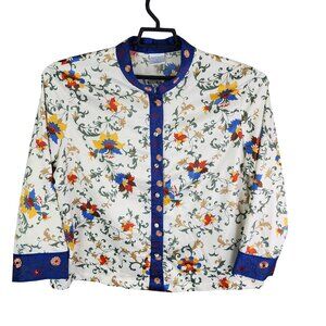 Womens Petite Cabernet Sleepwear Pajama Top Embroidered Floral Blue Trim Size PL